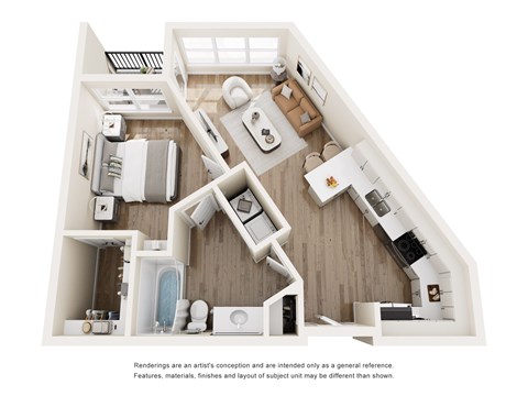 A 3D rendered image of a modern, open-concept floor plan for a home.